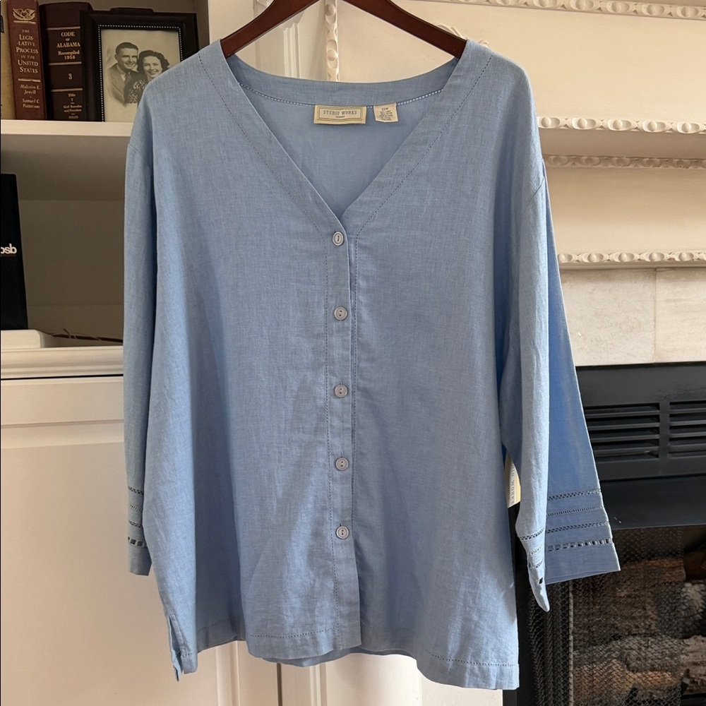 NWT LINEN BLEND Studio Works Blue Button Shirt 22W Coastal Grandmother Beachy